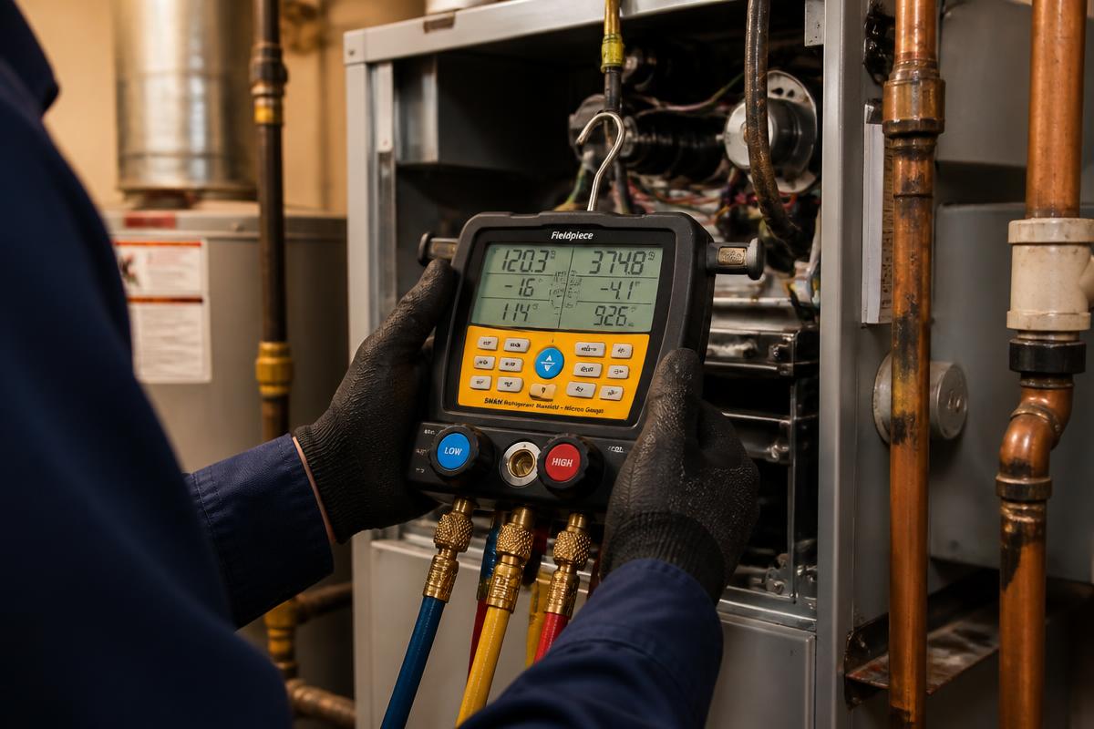 HVAC technician using a digital manifold gauge set to diagnose a furnace