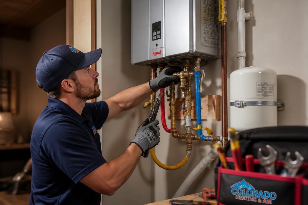 HVAC technician installing a tankless hot water heater in a utility room